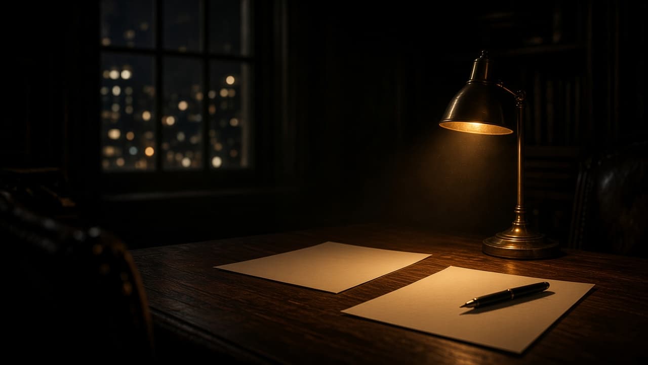 Escritorio a oscuras, con una lámpara sobre páginas en blanco y la ciudad al fondo de la ventana.